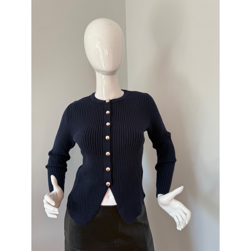 Commense Ribbed Knit Cardigan Sweater Gold Button Front Fitted Long Sleeve Top